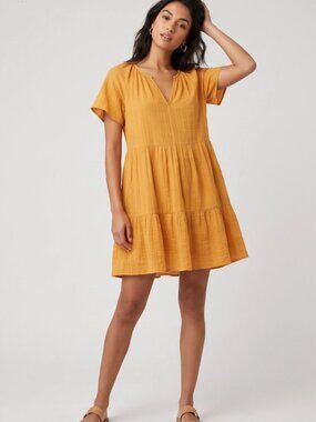 Knox Rose Mustard Yellow Gauze Tiered Babydoll Mini Textured Tier Dress